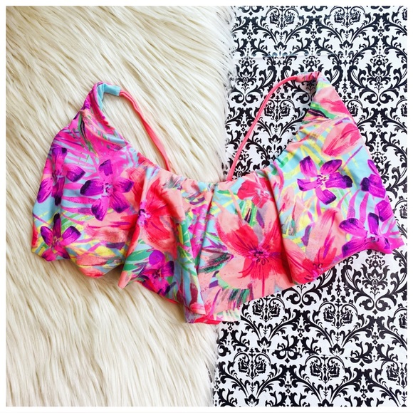 Xhilaration: size : XL : pink floral tropical ruffle bikini top bathing suit top - Picture 1 of 7